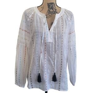 Belle Verde size small white long sleeve blouse multicolor gold & silver stripes